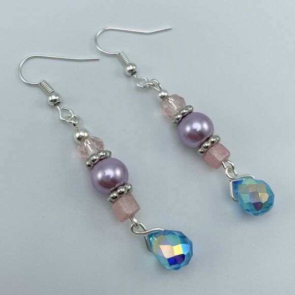 Silver Tone Blue Pink Purple Glass Beaded Dangle Earrings Faux Pearl Teardrop - Picture 2 of 6